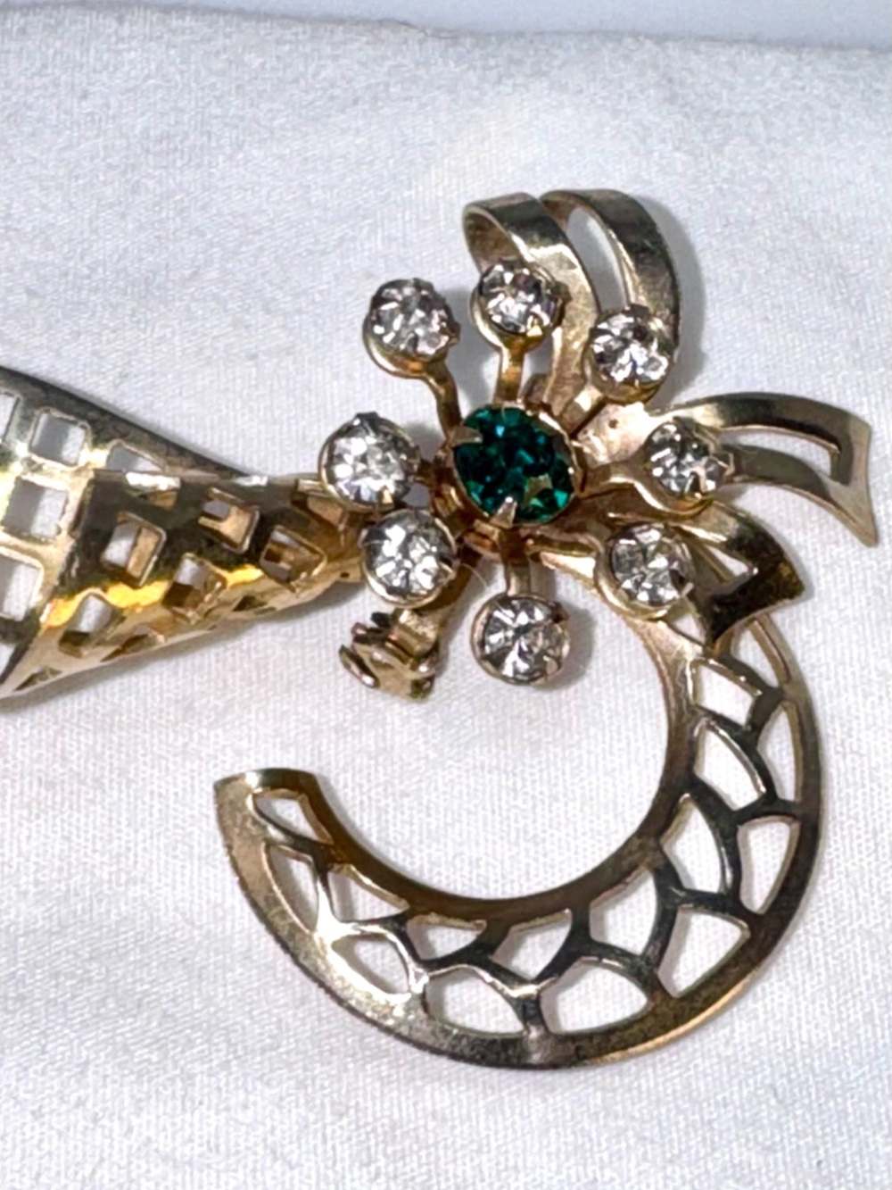 Gold Tone Floral Pin with Green and Clear Stones